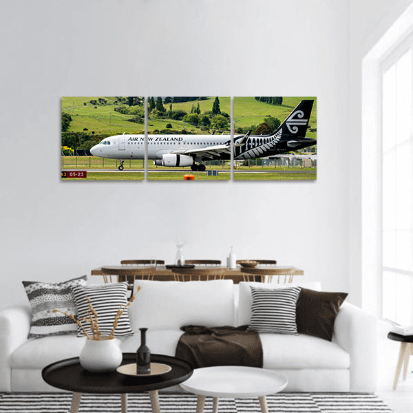 Airplane takes off from runway in Queenstown airport, Panoramic canvas Wall Art