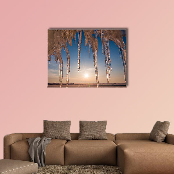 Ice with icicle, sky, sun and snow background multi panel canvas wall art