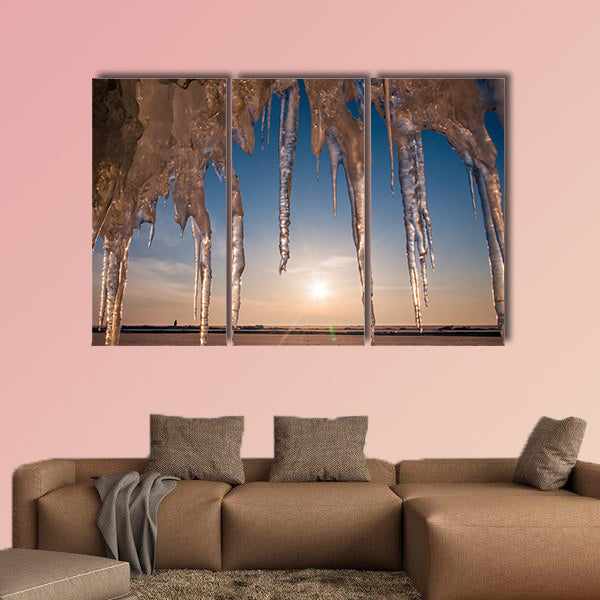Ice with icicle, sky, sun and snow background multi panel canvas wall art