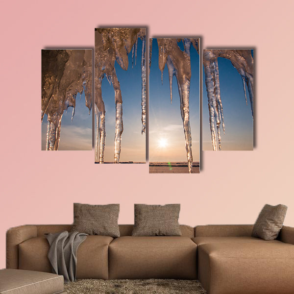 Ice with icicle, sky, sun and snow background multi panel canvas wall art