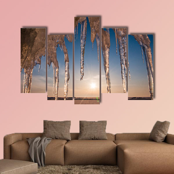 Ice with icicle, sky, sun and snow background multi panel canvas wall art