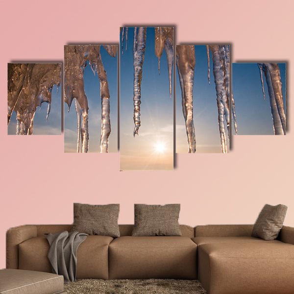 Ice with icicle, sky, sun and snow background multi panel canvas wall art