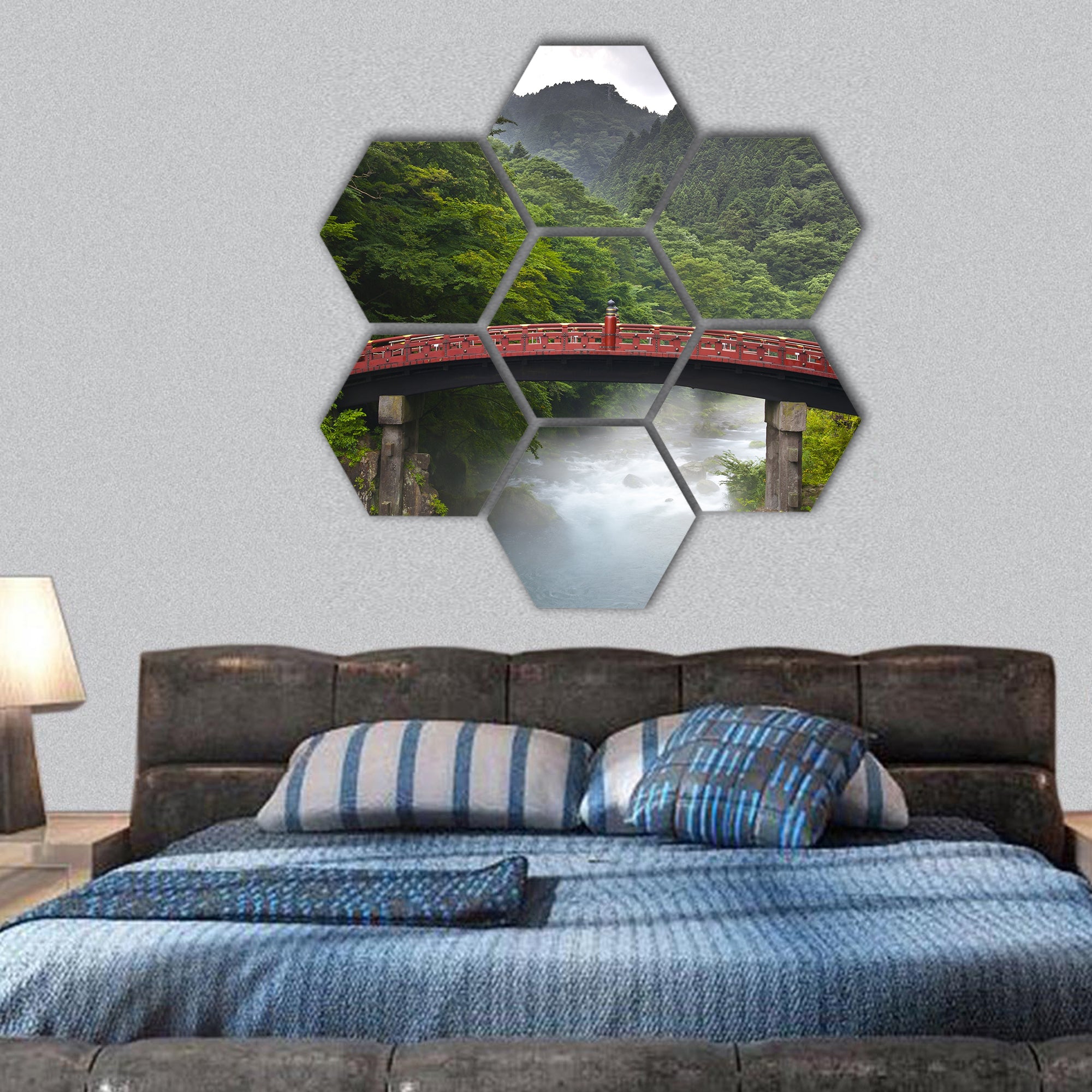 Red sacred bridge Shinkyo in Nikko, Japan hexagonal canvas wall art