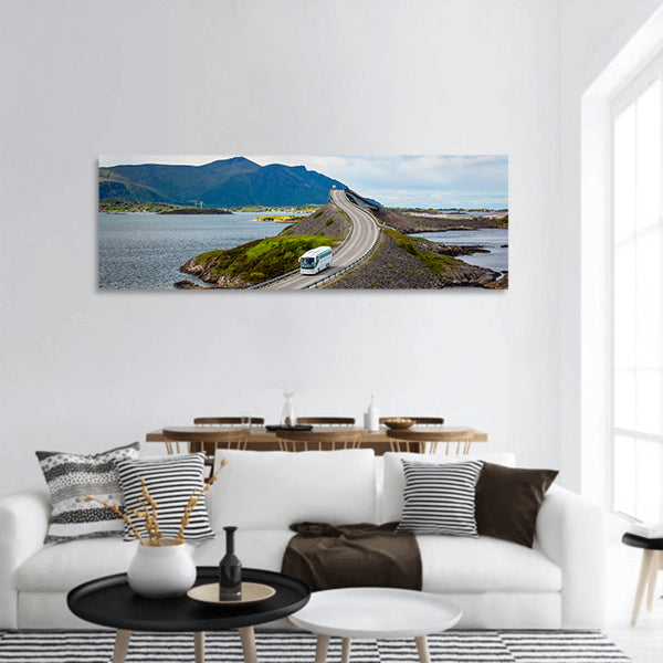 Bus traveling on road in Norway Atlantic Ocean Road Panoramic canvas Wall Art