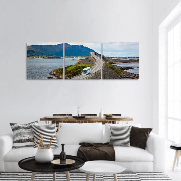 Bus traveling on road in Norway Atlantic Ocean Road Panoramic canvas Wall Art