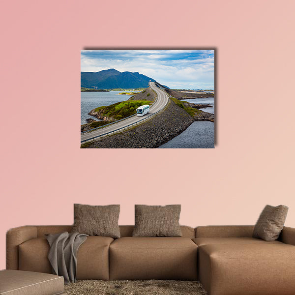 Tourist bus traveling on the road in Norway multi panel canvas wall art