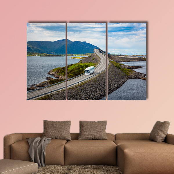 Tourist bus traveling on the road in Norway multi panel canvas wall art