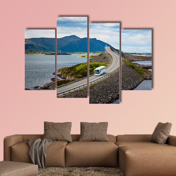 Tourist bus traveling on the road in Norway multi panel canvas wall art