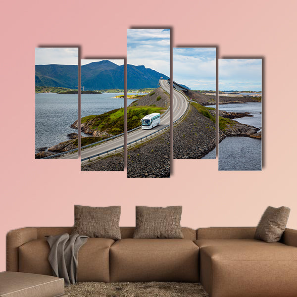 Tourist bus traveling on the road in Norway multi panel canvas wall art