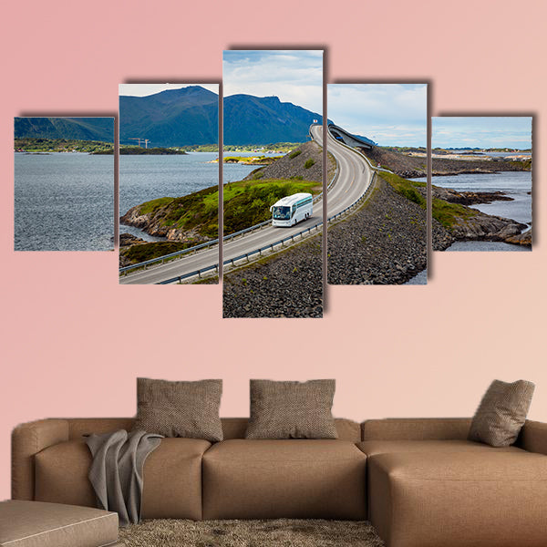 Tourist bus traveling on the road in Norway multi panel canvas wall art