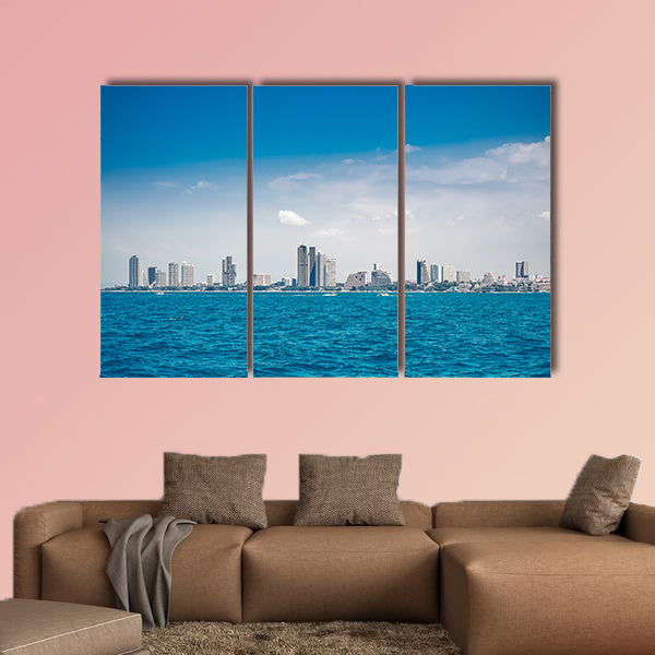Buildings city near the sea, sky and cloud background multi panel canvas wall art