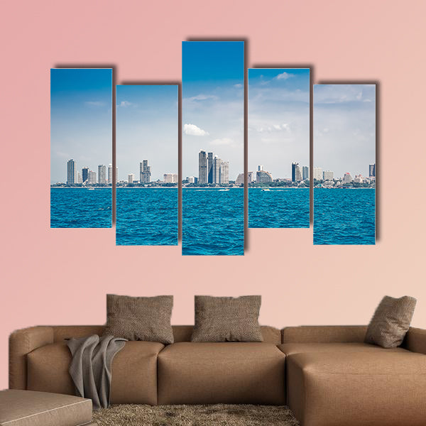 Buildings city near the sea, sky and cloud background multi panel canvas wall art