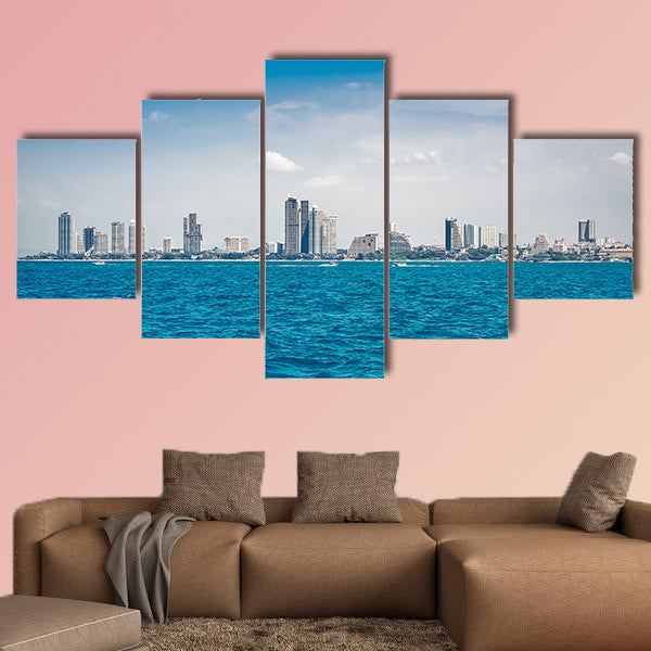 Buildings city near the sea, sky and cloud background multi panel canvas wall art