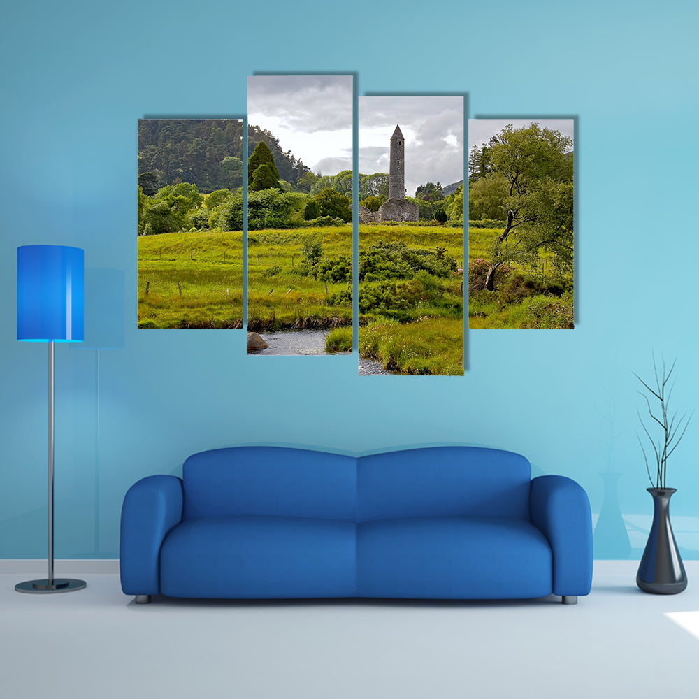 The view of valley and Round tower at Glendalough multi panel canvas wall art