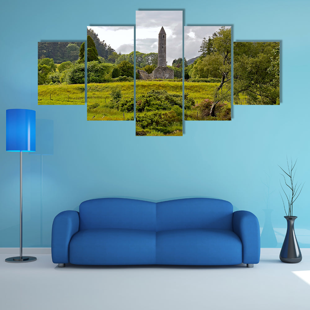 The view of valley and Round tower at Glendalough multi panel canvas wall art