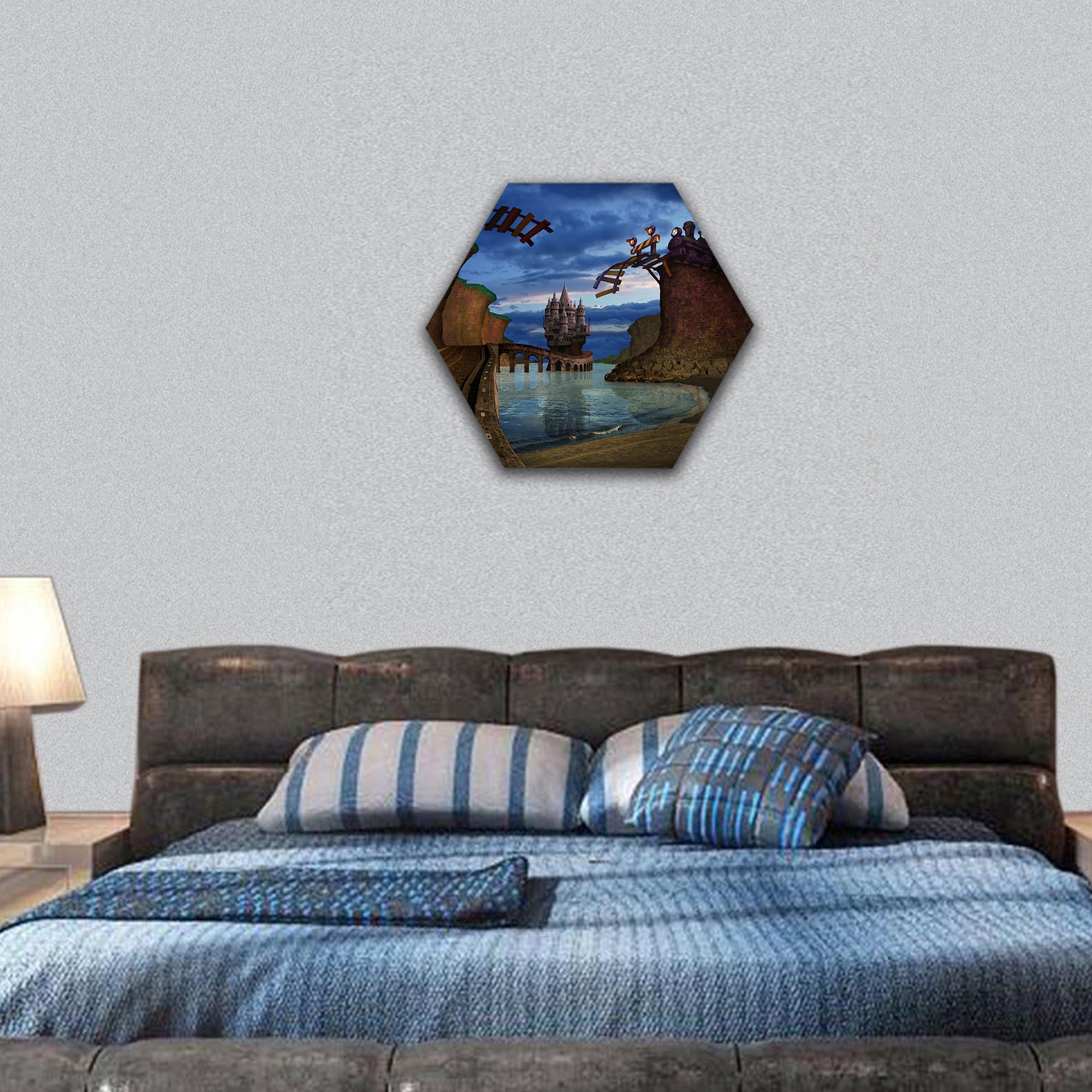 Old broken railway bridge hexagonal canvas wall art