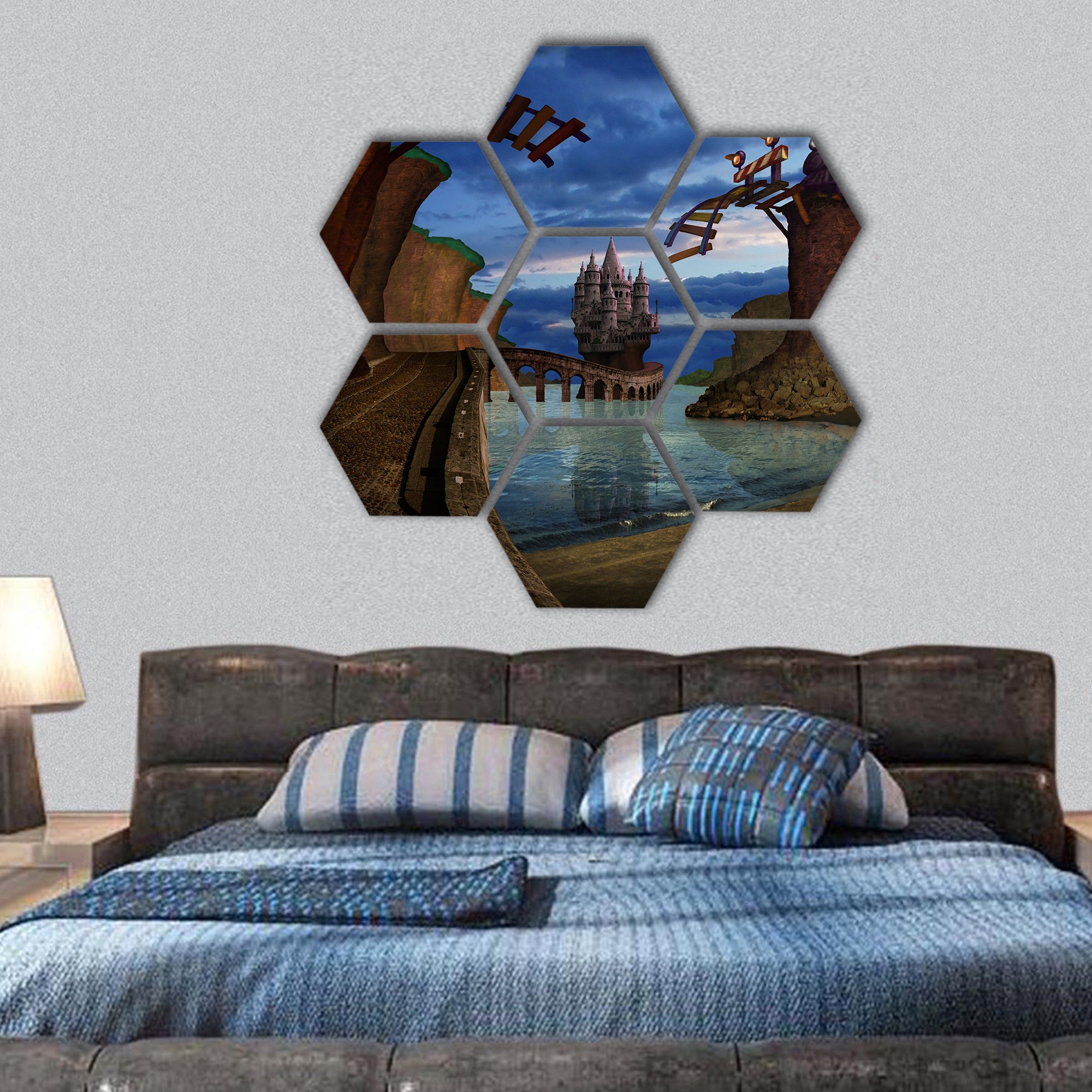 Old broken railway bridge hexagonal canvas wall art