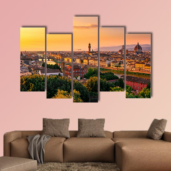 Sunset view of Florence, Ponte Vecchio, Florence Duomo, Italy multi panel canvas wall art