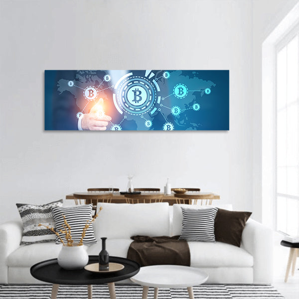 Businessman with a glowing finger panoramic canvas wall art