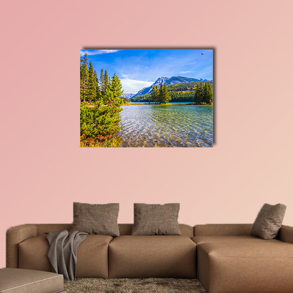 The lake Two Jack, gulf of lake Minnewanka. Golden Autumn wall art
