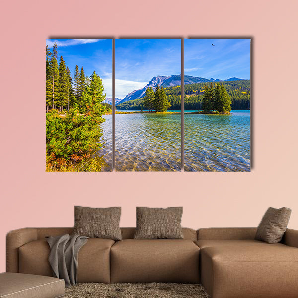 The lake Two Jack, gulf of lake Minnewanka. Golden Autumn wall art