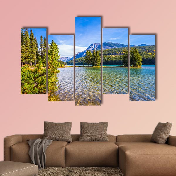 The lake Two Jack, gulf of lake Minnewanka. Golden Autumn wall art