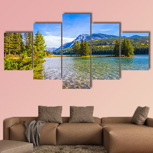 The lake Two Jack, gulf of lake Minnewanka. Golden Autumn wall art