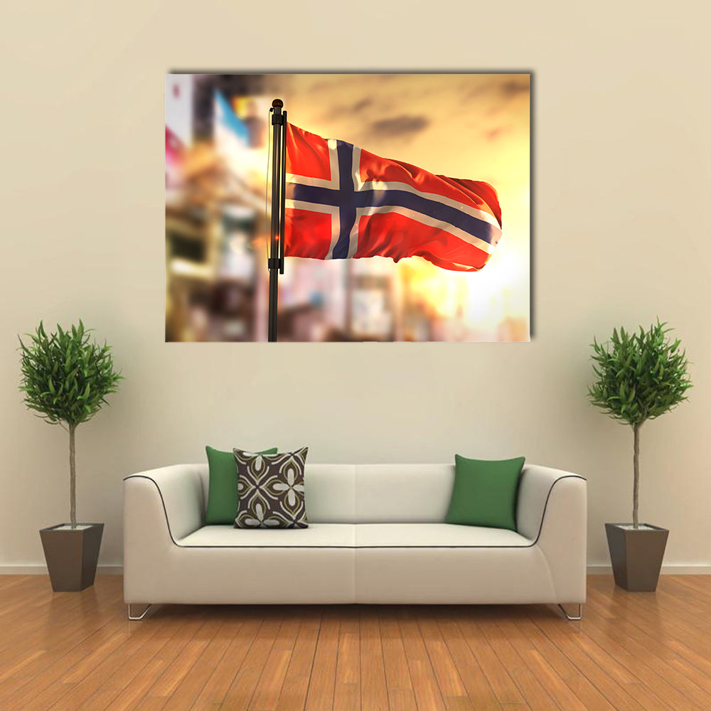 Norway Flag Against City Blurred Background At Sunrise Multi Panel Canvas Wall Art