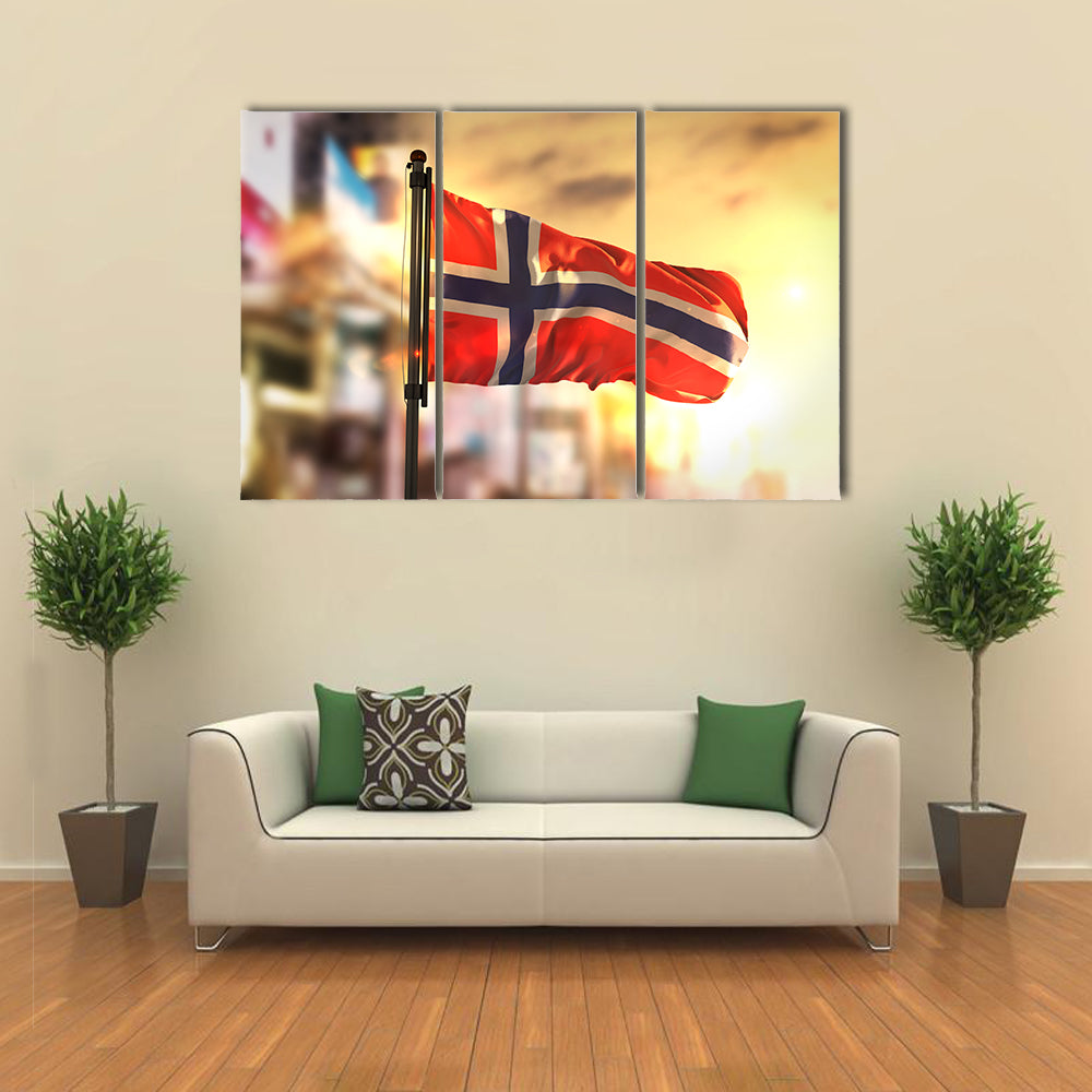 Norway Flag Against City Blurred Background At Sunrise Multi Panel Canvas Wall Art