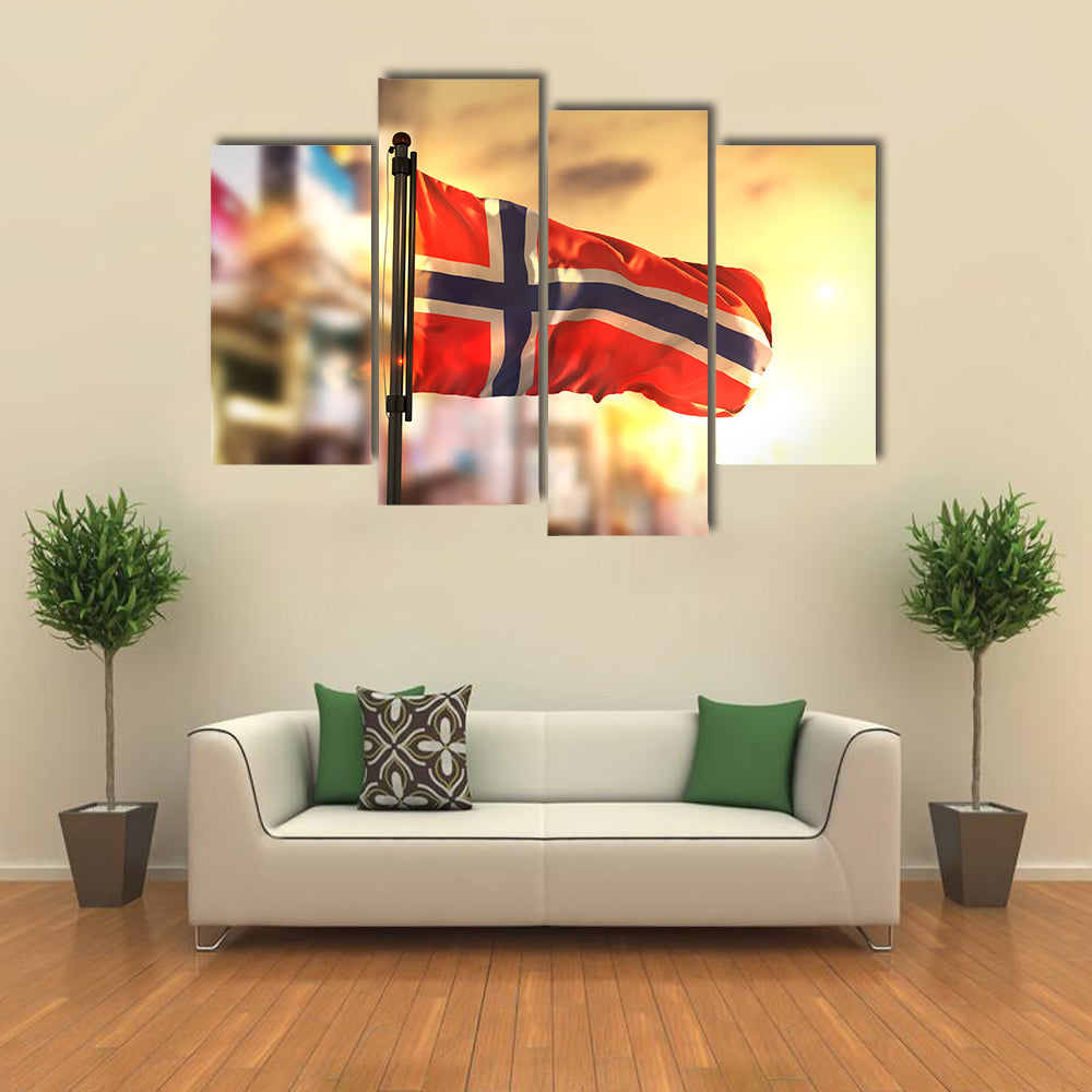 Norway Flag Against City Blurred Background At Sunrise Multi Panel Canvas Wall Art