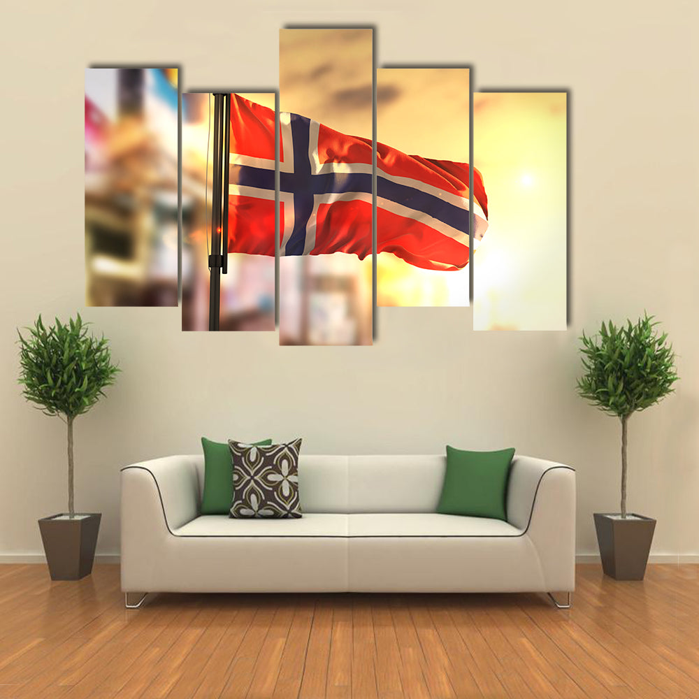Norway Flag Against City Blurred Background At Sunrise Multi Panel Canvas Wall Art