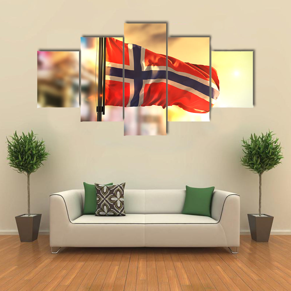 Norway Flag Against City Blurred Background At Sunrise Multi Panel Canvas Wall Art