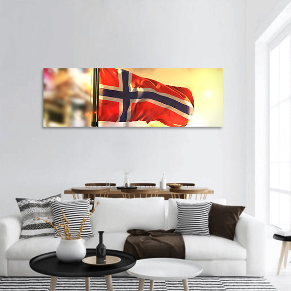 Norway Flag Against City Blurred At Sunrise Panoramic canvas Wall Art