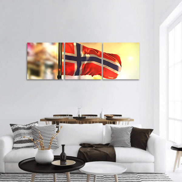 Norway Flag Against City Blurred At Sunrise Panoramic canvas Wall Art