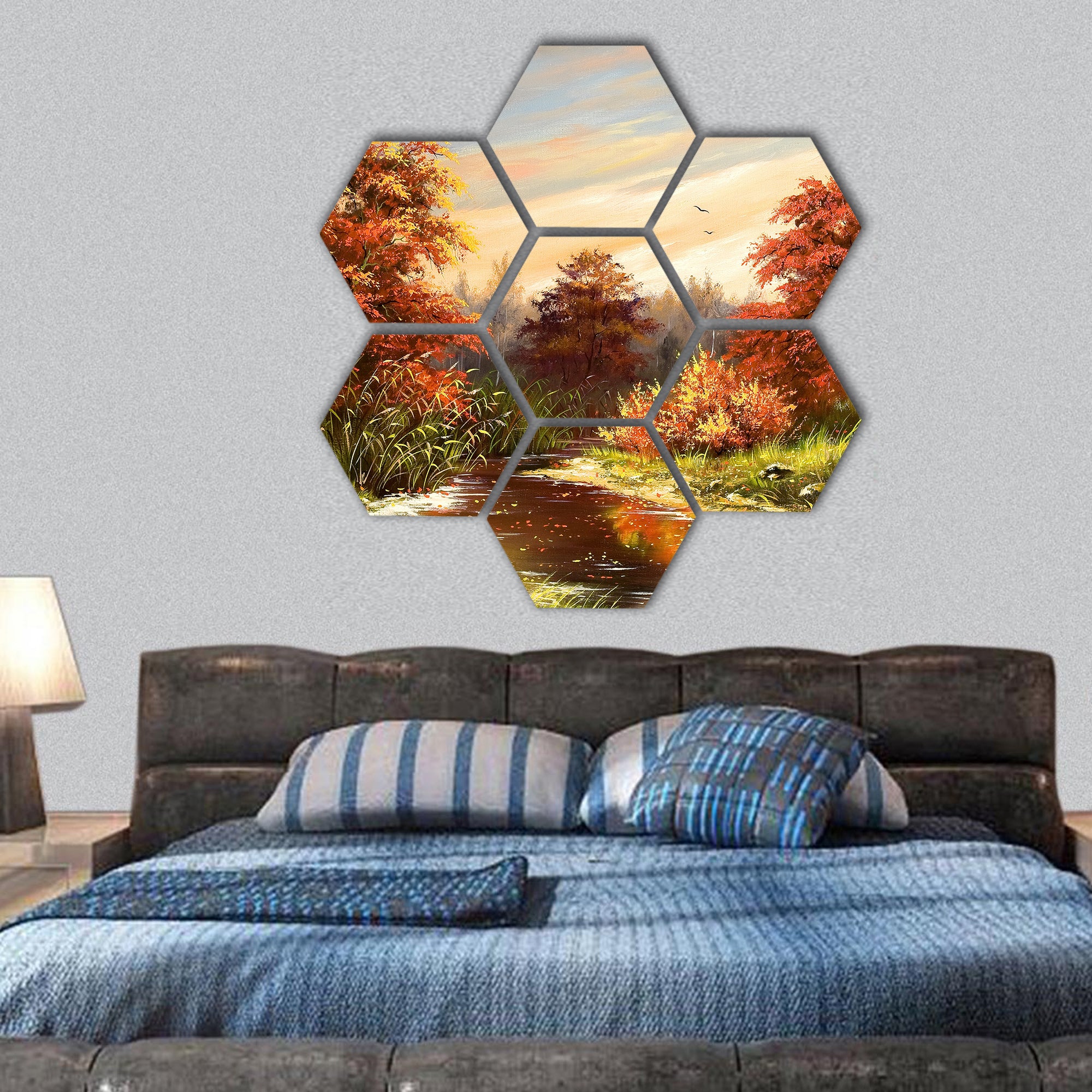 Autumn landscape with the river hexagonal canvas wall art
