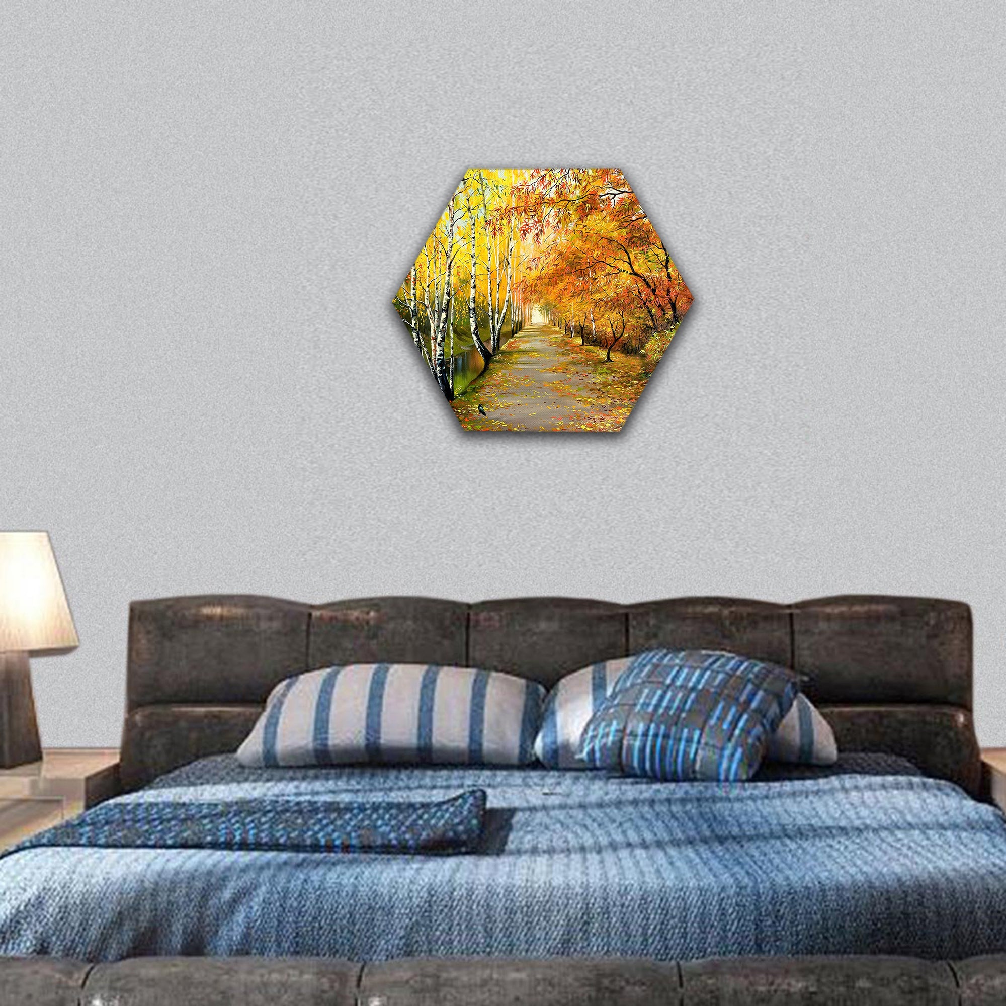 Autumn road along the channel hexagonal canvas wall art