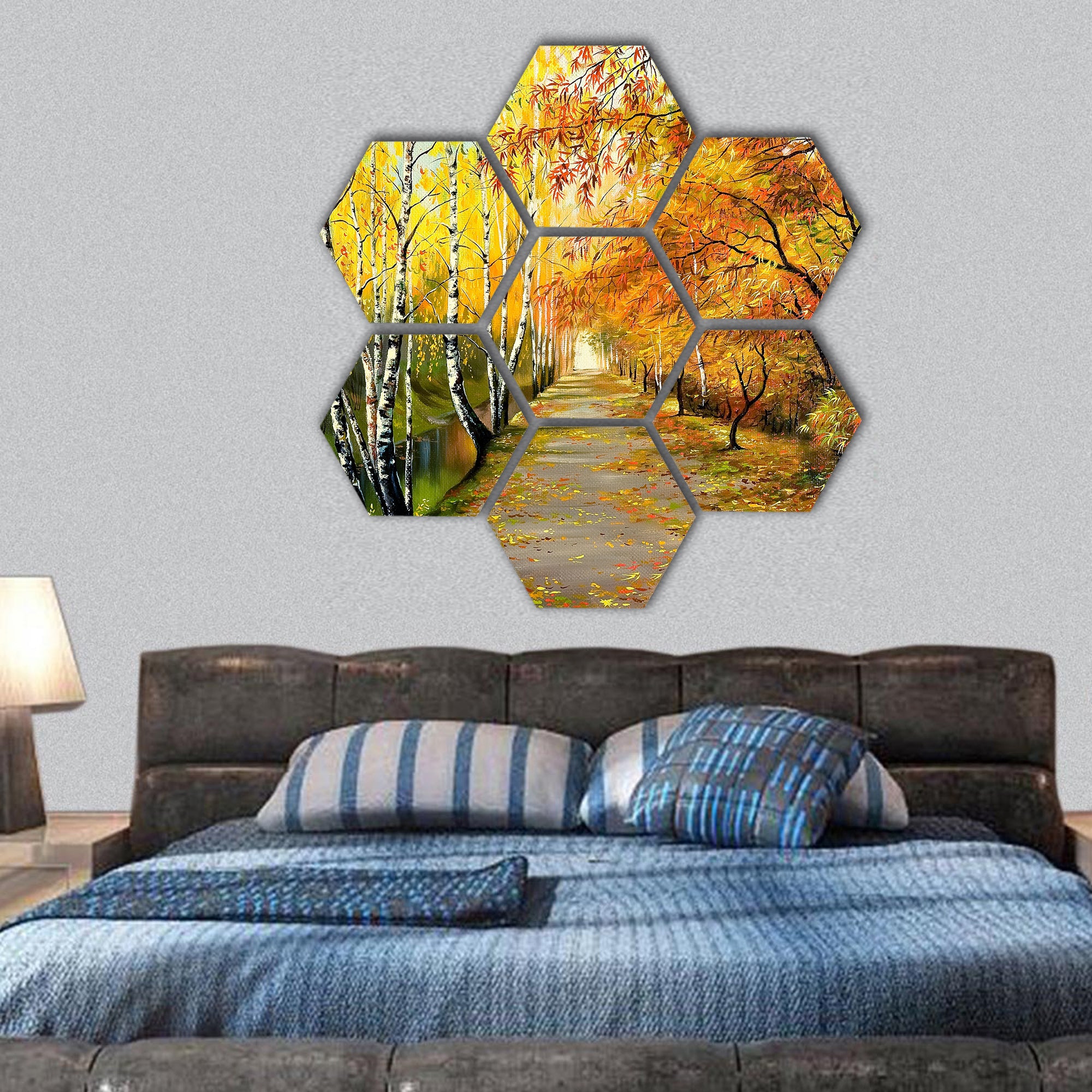 Autumn road along the channel hexagonal canvas wall art