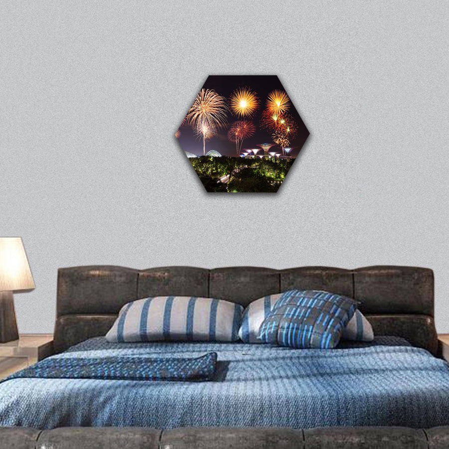 Firework over Gardens by the bay with light , Singapore hexagonal canvas wall art