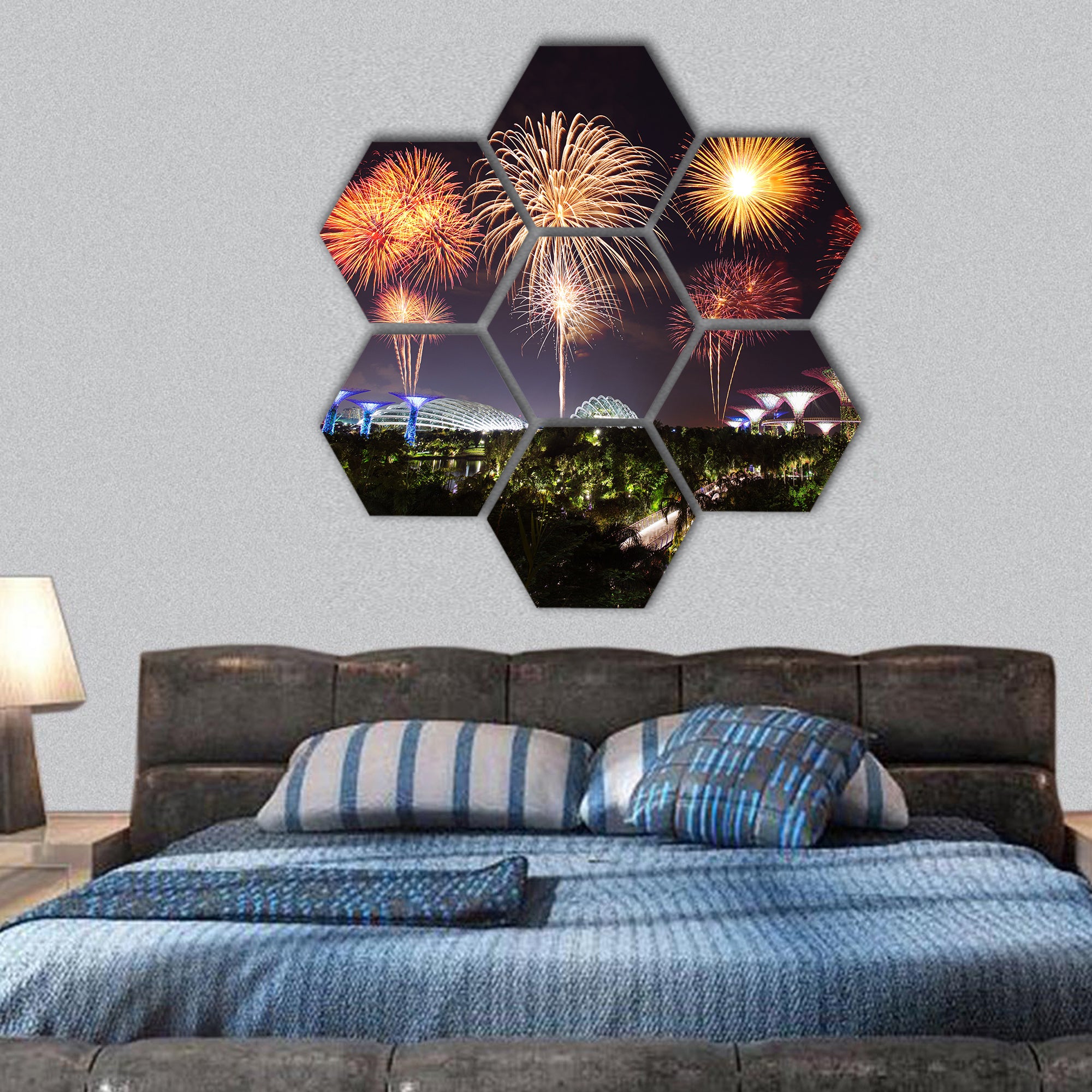 Firework over Gardens by the bay with light , Singapore hexagonal canvas wall art