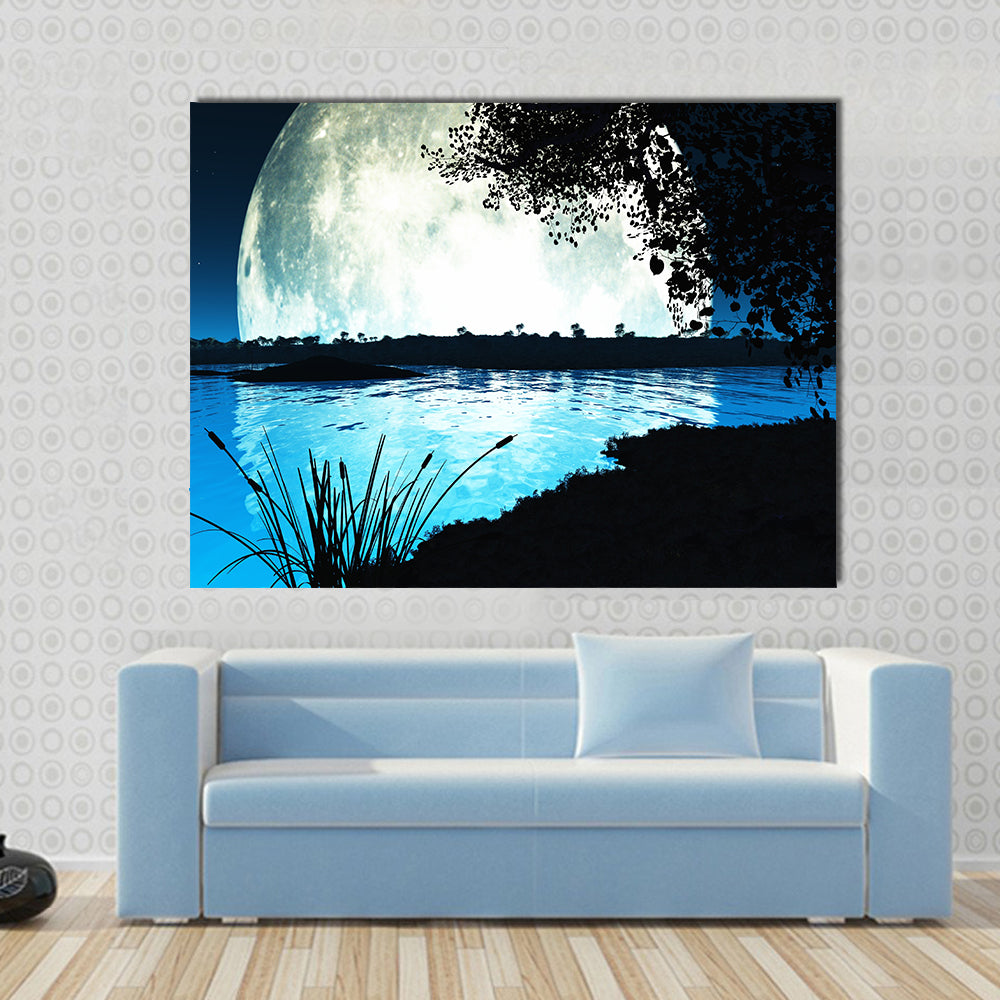 Computer generated landscape of an impossibly large moon backlighting the scene Multi Panel Canvas Wall Art