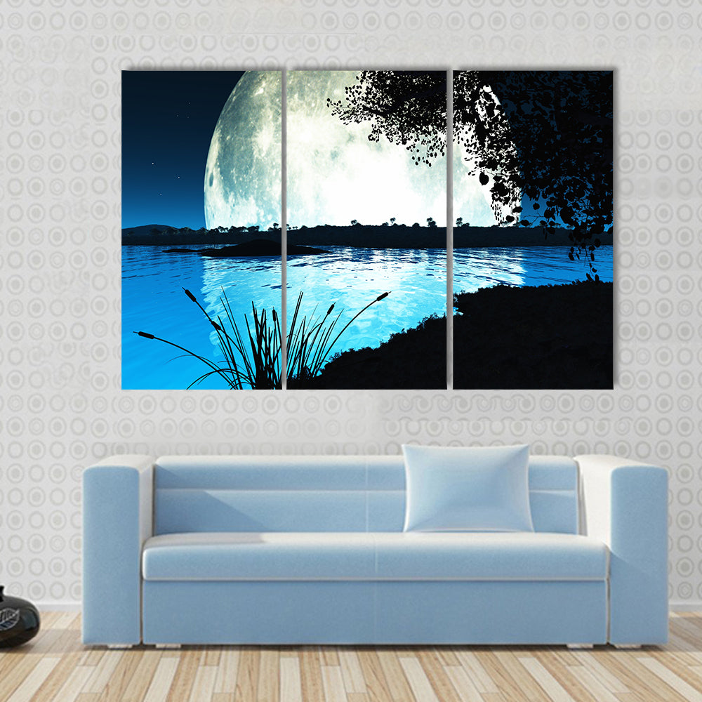 Computer generated landscape of an impossibly large moon backlighting the scene Multi Panel Canvas Wall Art