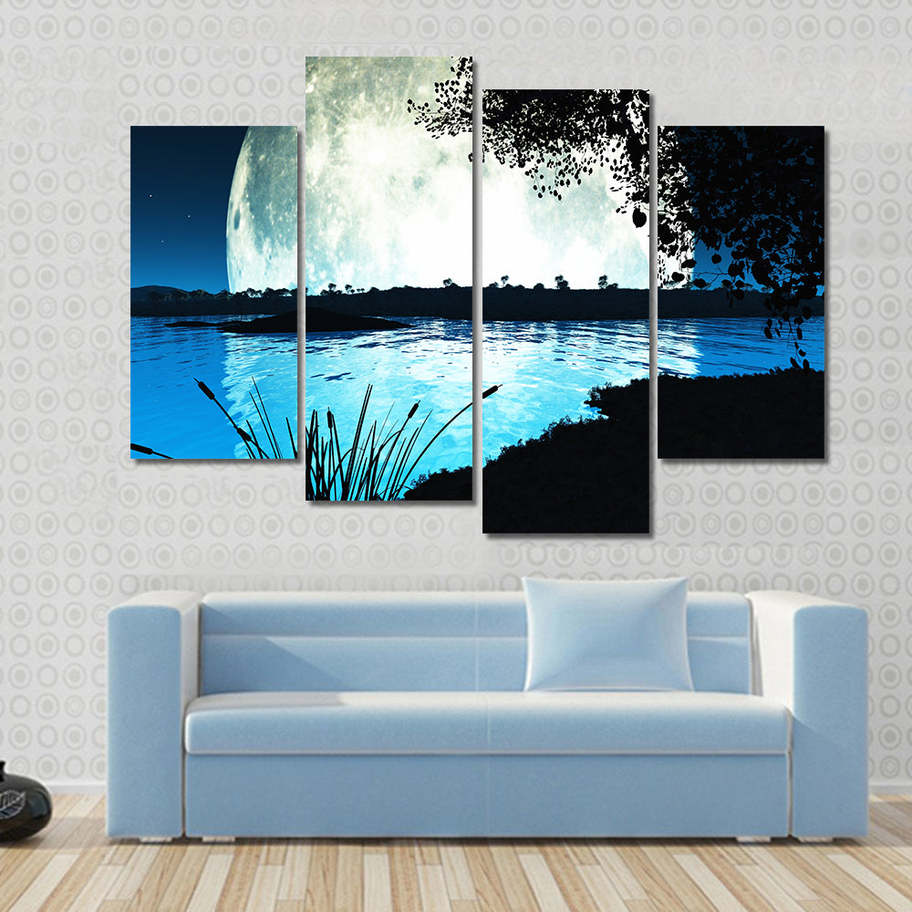 Computer generated landscape of an impossibly large moon backlighting the scene Multi Panel Canvas Wall Art