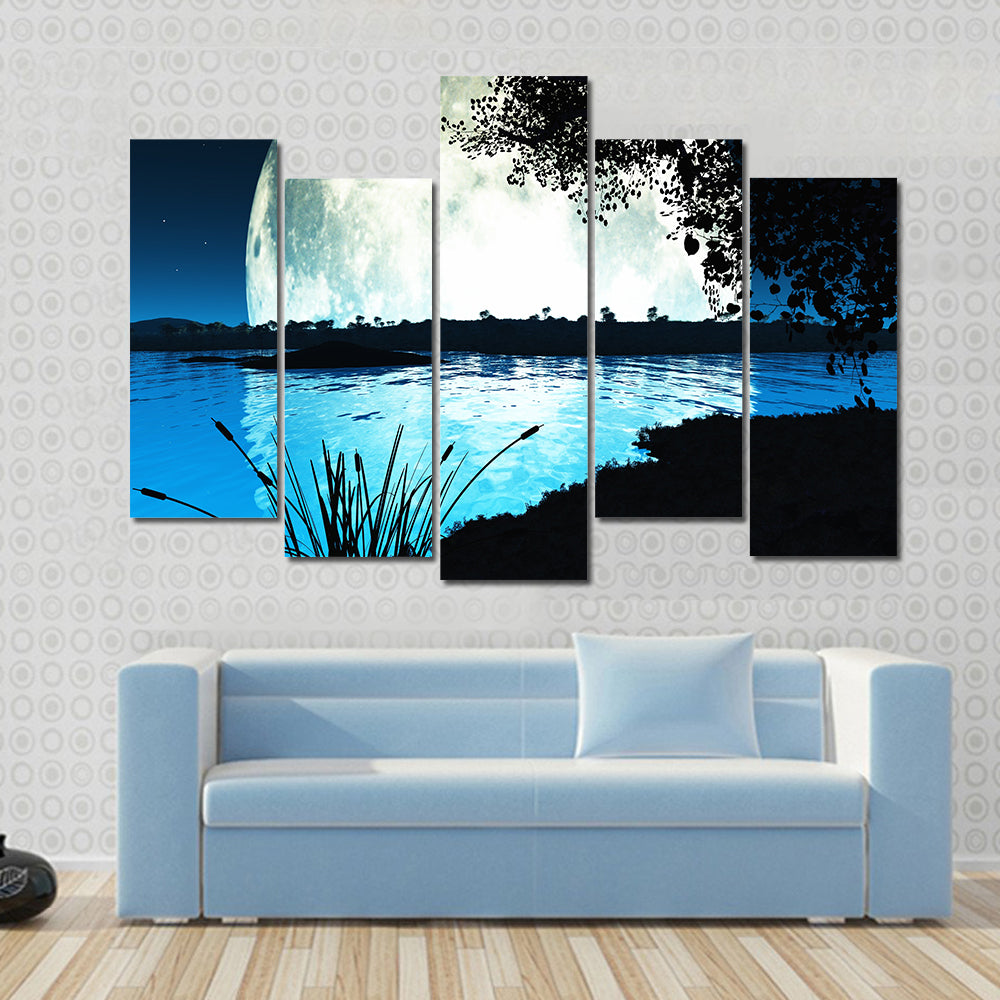 Computer generated landscape of an impossibly large moon backlighting the scene Multi Panel Canvas Wall Art