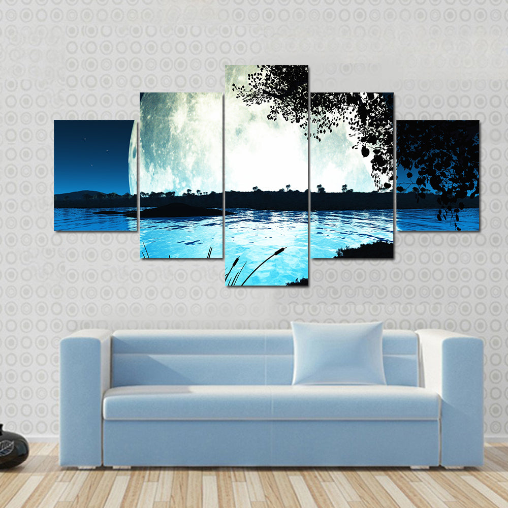 Computer generated landscape of an impossibly large moon backlighting the scene Multi Panel Canvas Wall Art