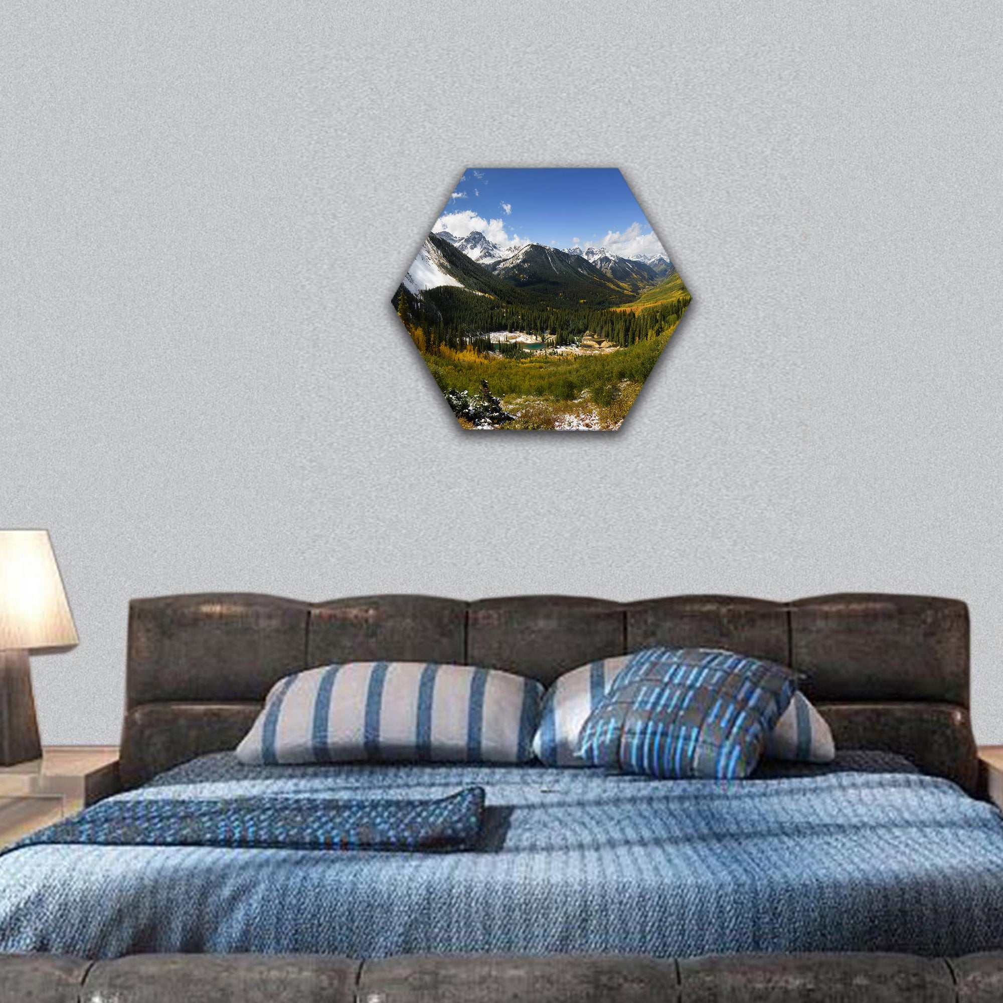 aspen tree color with mountain range Ridgway, Colorado hexagonal canvas wall art