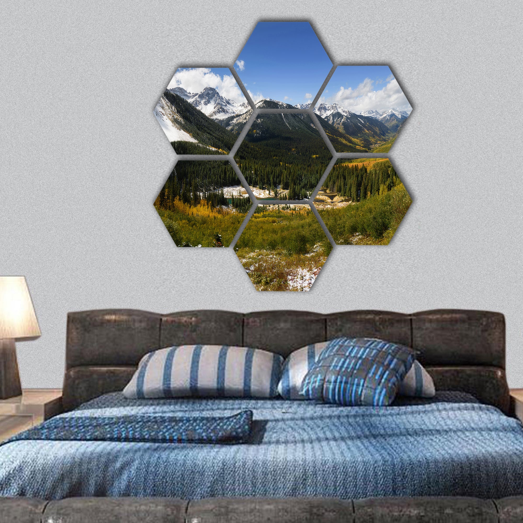 aspen tree color with mountain range Ridgway, Colorado hexagonal canvas wall art