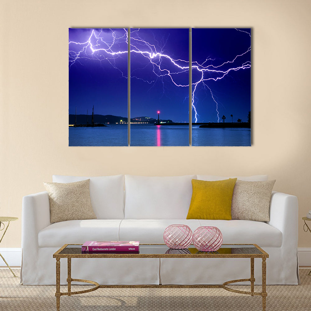 Lightning above the lake Multi Panel Canvas Wall Art