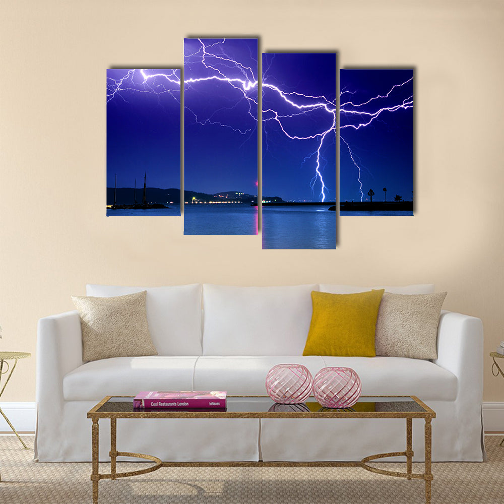 Lightning above the lake Multi Panel Canvas Wall Art