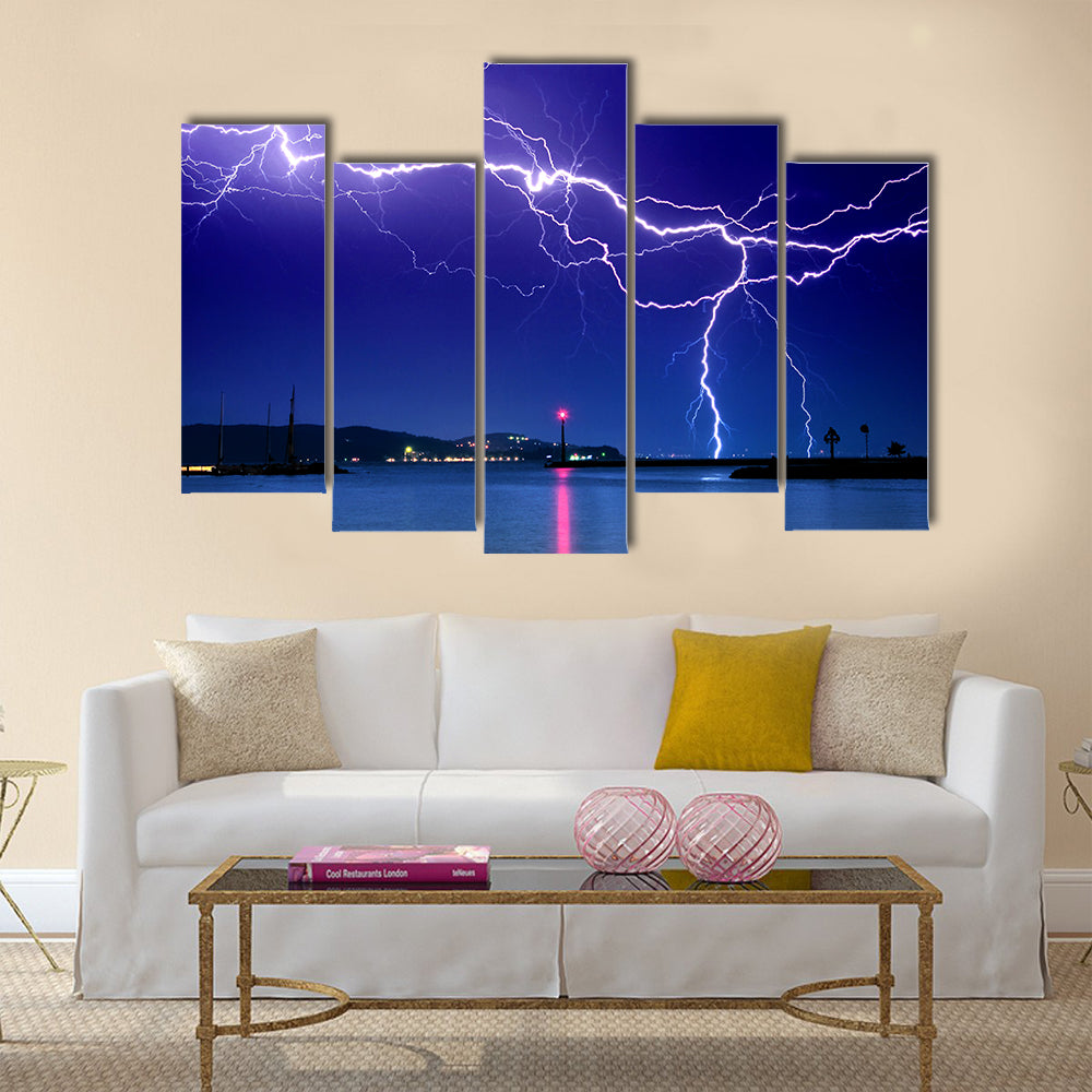 Lightning above the lake Multi Panel Canvas Wall Art
