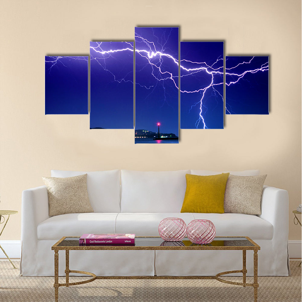 Lightning above the lake Multi Panel Canvas Wall Art